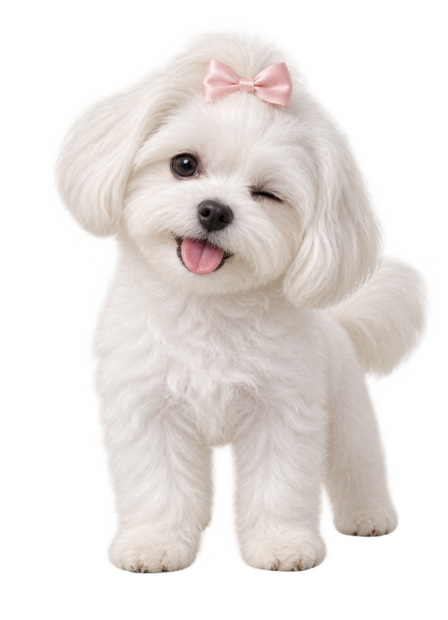 A friendly white puppy with a pink bow