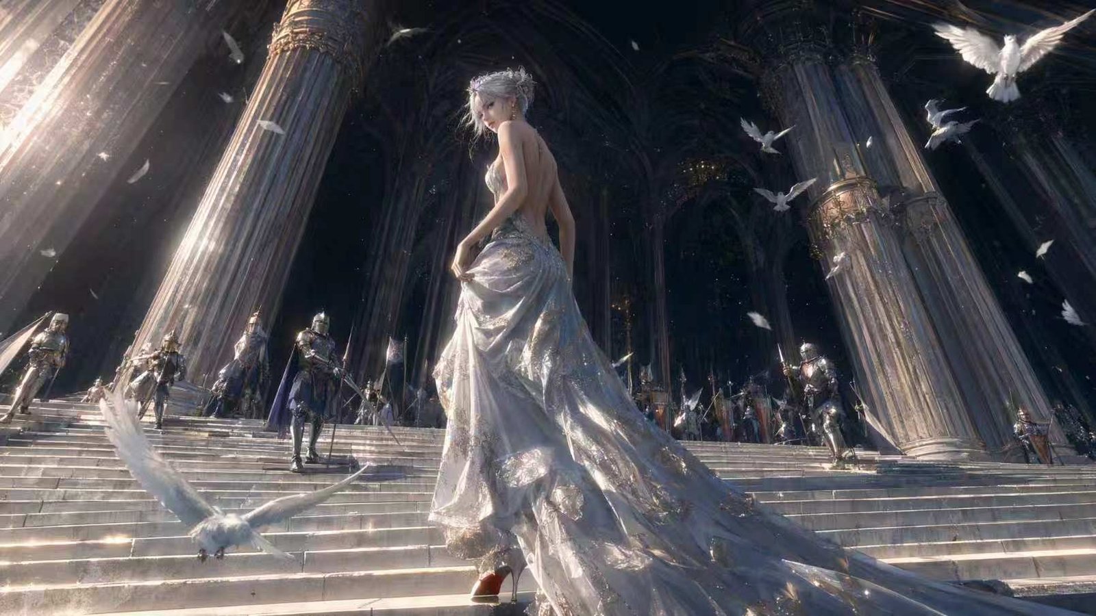Student original cinematic artwork of a figure on a grand staircase